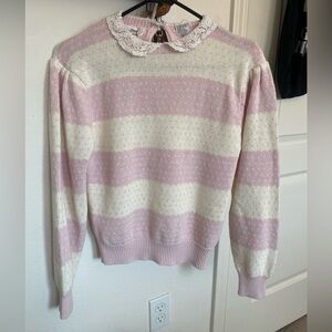 Women’s Striped Pink and White Lace Collar Cottage/ Fairy Core Knit Sweater